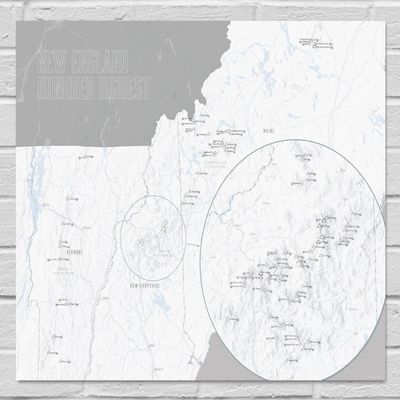 New England Hundred Highest Checklist Map 18x24 Poster (White & Gray)