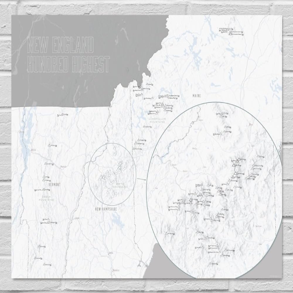 New England Hundred Highest Checklist Map 18x24 Poster (White & Gray)