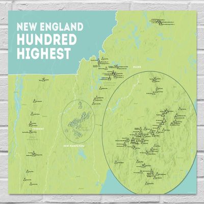 New England Hundred Highest Checklist Map 18x24 Poster (Green & Aqua)