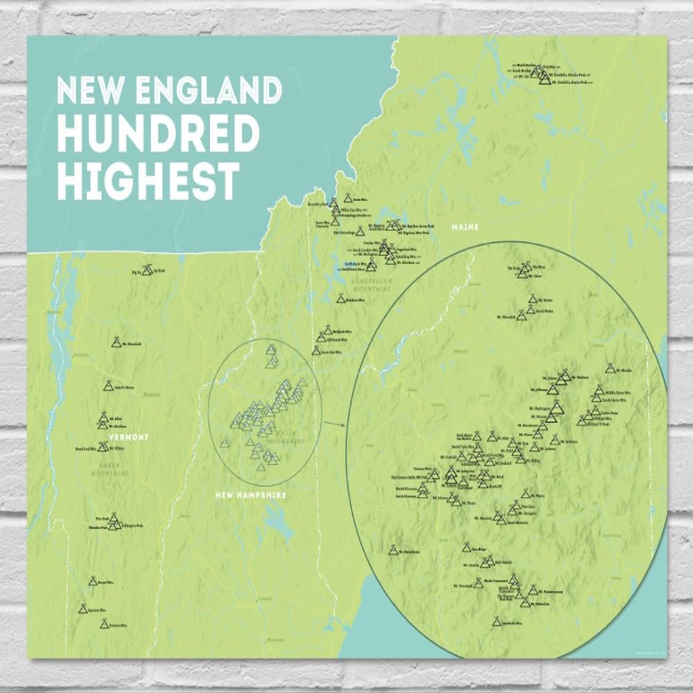 New England Hundred Highest Checklist Map 18x24 Poster (Green & Aqua)