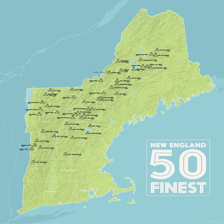 New England Fifty Finest Checklist Map 18x24 Poster (Green & Aqua)