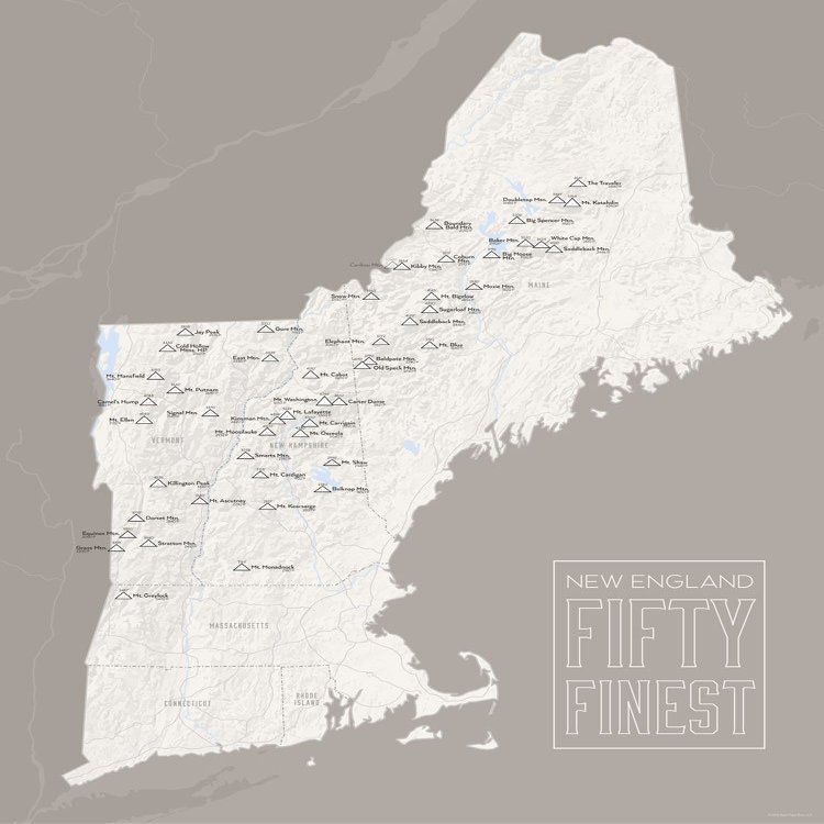 New England Fifty Finest Checklist Map 18x24 Poster (White & Gray)