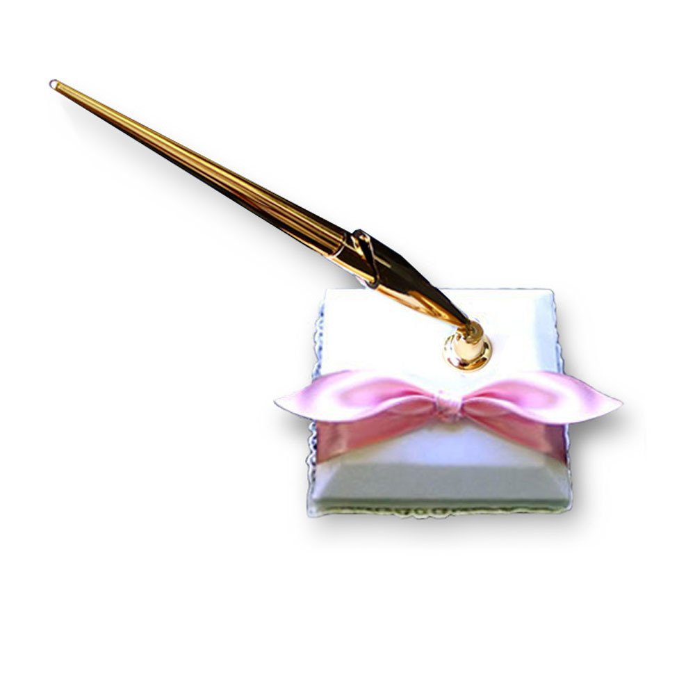 Elegant Bridal Wedding Reception Ivory Pen Set with Pink Satin Bow