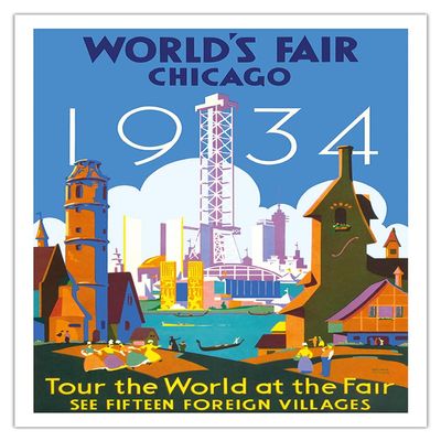 1934 World's Fair Chicago - Tour the World at the Fair - Vintage Travel Poster by Weimer Pursell c.1934 - Bamboo Fine Art 290gsm Paper Print (Unframed) 24x32in