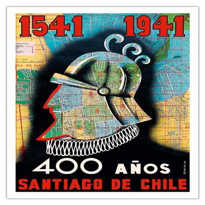 1541 to 1941-400 Aos Santiago de Chile (400 Year Anniversary of Santiago Chile) - Conquistador - Vintage Travel Poster by O.O. Valle c.1941 - Bamboo Fine Art 290gsm Paper Print (Unframed) 24x32in