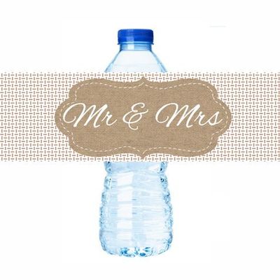Mr & Mrs Burlap Brown Wedding / Anniversary Water Bottle Labels