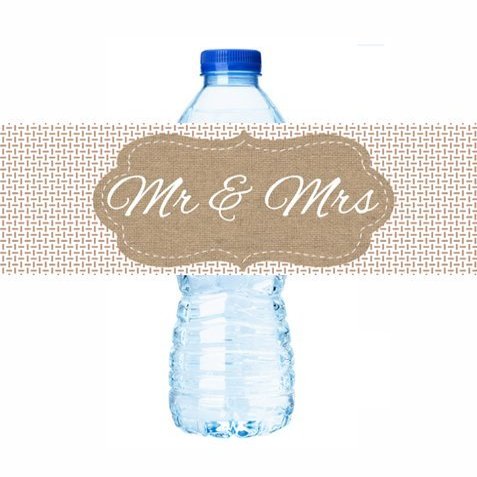 Mr & Mrs Burlap Brown Wedding / Anniversary Water Bottle Labels