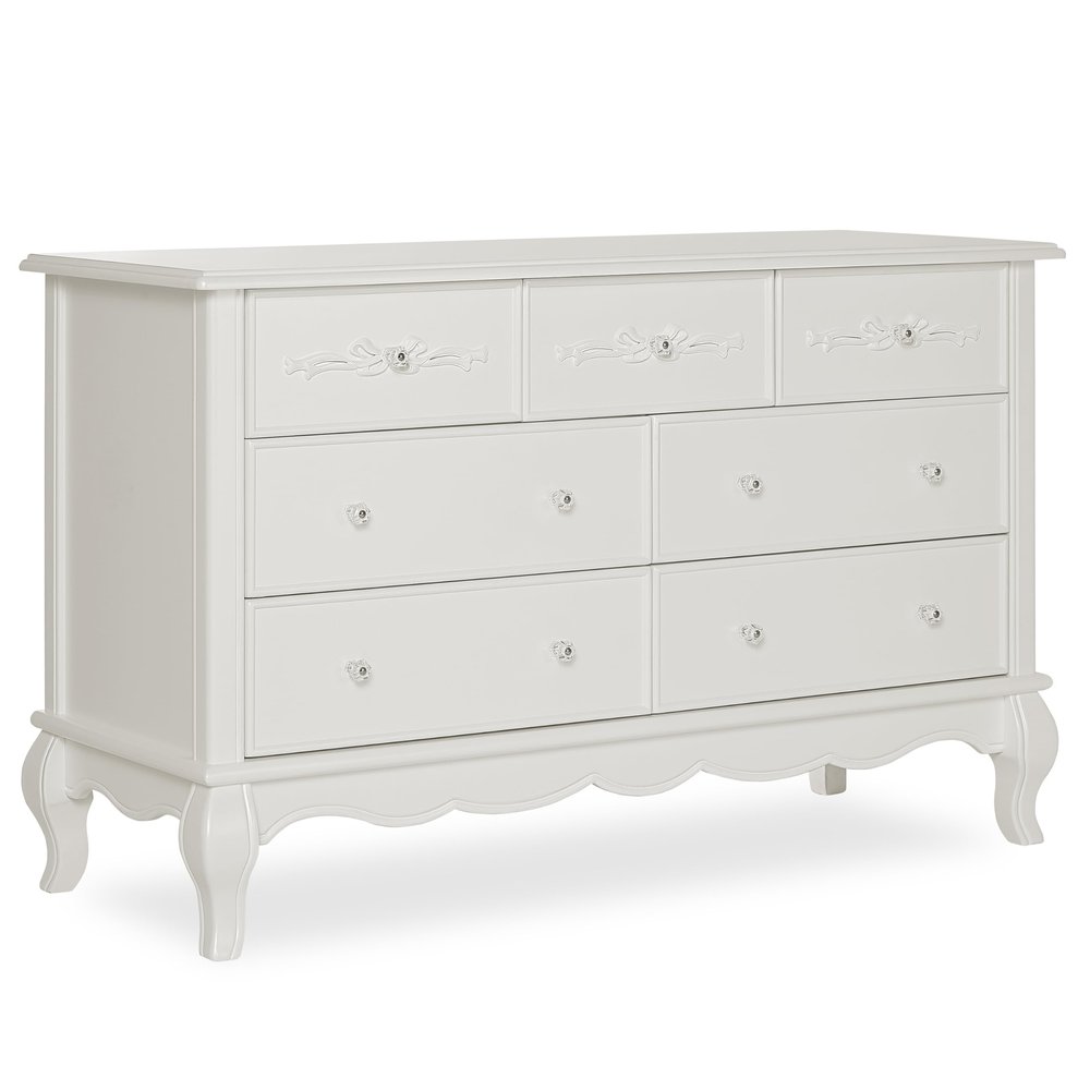 Evolur Aurora 7-Drawer Nursery Dresser  Ivory Lace | Assembled Double Dresser with Crystal Knobs, Queen Anne Legs, Large Storage for Baby Essentials