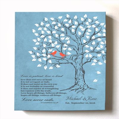 MuralMax Personalized Anniversary Family Tree Artwork - Love is Patient Love Is Kind Bible Verse - Unique Wedding & Housewarming Canvas Wall Decor Gifts - Color Blue # 1 - Size - 8x10