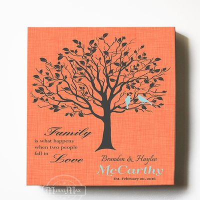 MuralMax Personalized Inspirational Canvas Tree Art Verse - Family is What Happens When Two People Fall in Love - Wall Decor Gifts For Milestones Occasions - Color - Butterfly Peach - Size 8x10