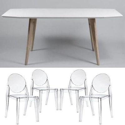 2xhome - Clear - Set of 4 Chairs - 4 Qty Victoria Side Chair Dining Room Chairs + 1 Qty Modern Style 100% Real Oak Wood Legs White Wood Table Hardwood Dining Table