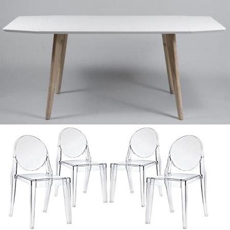 2xhome - Clear - Set of 4 Chairs - 4 Qty Victoria Side Chair Dining Room Chairs + 1 Qty Modern Style 100% Real Oak Wood Legs White Wood Table Hardwood Dining Table
