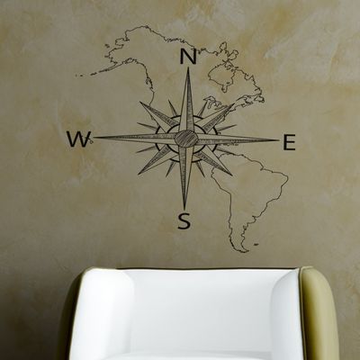 Stickerbrand Vinyl Wall Art Map of North & South America with Compass Wall Decal Sticker - Black, 26in H x 21in W. Easy to Apply and Removable.