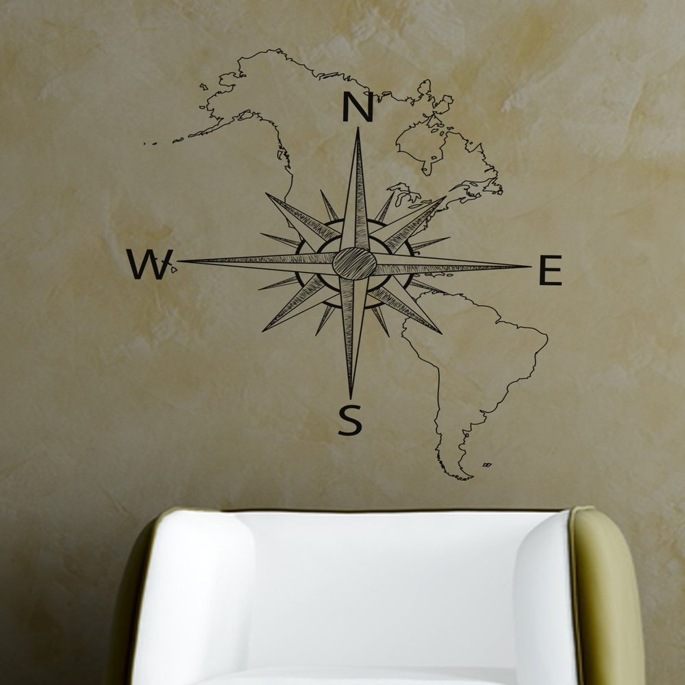 Stickerbrand Vinyl Wall Art Map of North & South America with Compass Wall Decal Sticker - Black, 26in H x 21in W. Easy to Apply and Removable.