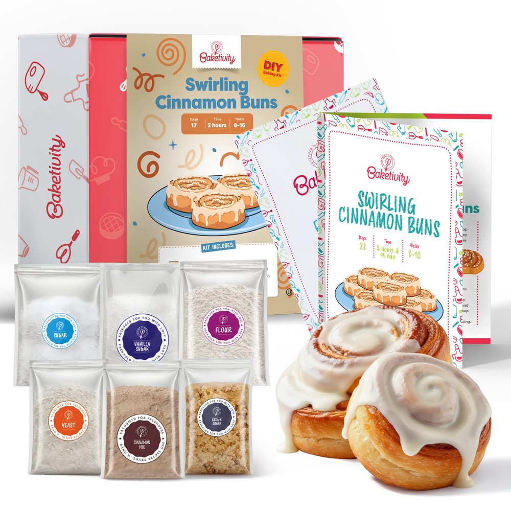 BAKETIVITY Kids Baking DIY Activity Kit - Bake Delicious Cinnamon Buns with Pre-Measured Ingredients Best Gift Idea for Boys and Girls Ages 6-12
