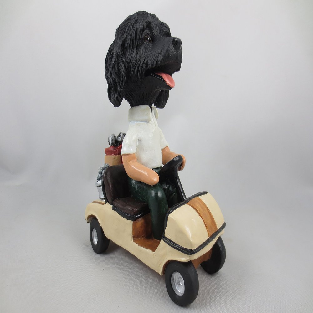 Black Labradoodle Golfer Golf Cart Doogie Handpainted Handsculpted Resin Collectable Figurine