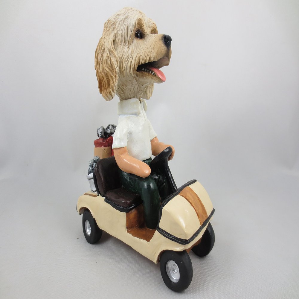 Cream Labradoodle Golfer Golf Cart Doogie Handpainted Handsculpted Resin Collectable Figurine