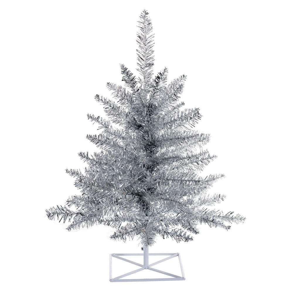 Vickerman 3' x 25" Silver Fir Artificial Christmas Tree with 234 PVC Tips, Unlit Design, Rich Colored Pull Down Branches, Includes Plastic Tree Stand