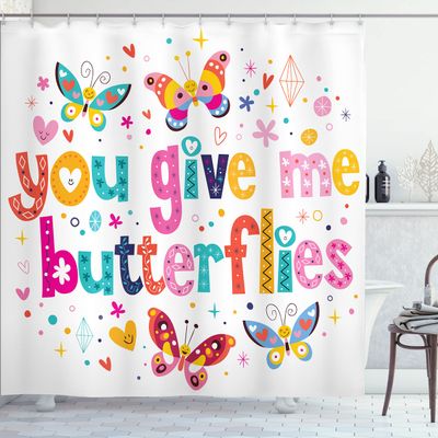 Ambesonne Butterfly Shower Curtain, Love Words Hearts Happy Butterflies Flowers Romantic Cartoon Style Print, Cloth Fabric Bathroom Decor Set with Hooks, 69" W x 84" L, Multicolor White