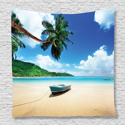 Ambesonne Beach Tapestry, Boat on the Beach Mahe Island Lagoon Seychelles Exotic Shoreline Image, Wall Hanging for Bedroom Living Room Dorm Decor, 60" X 80", Blue Green Sand Brown