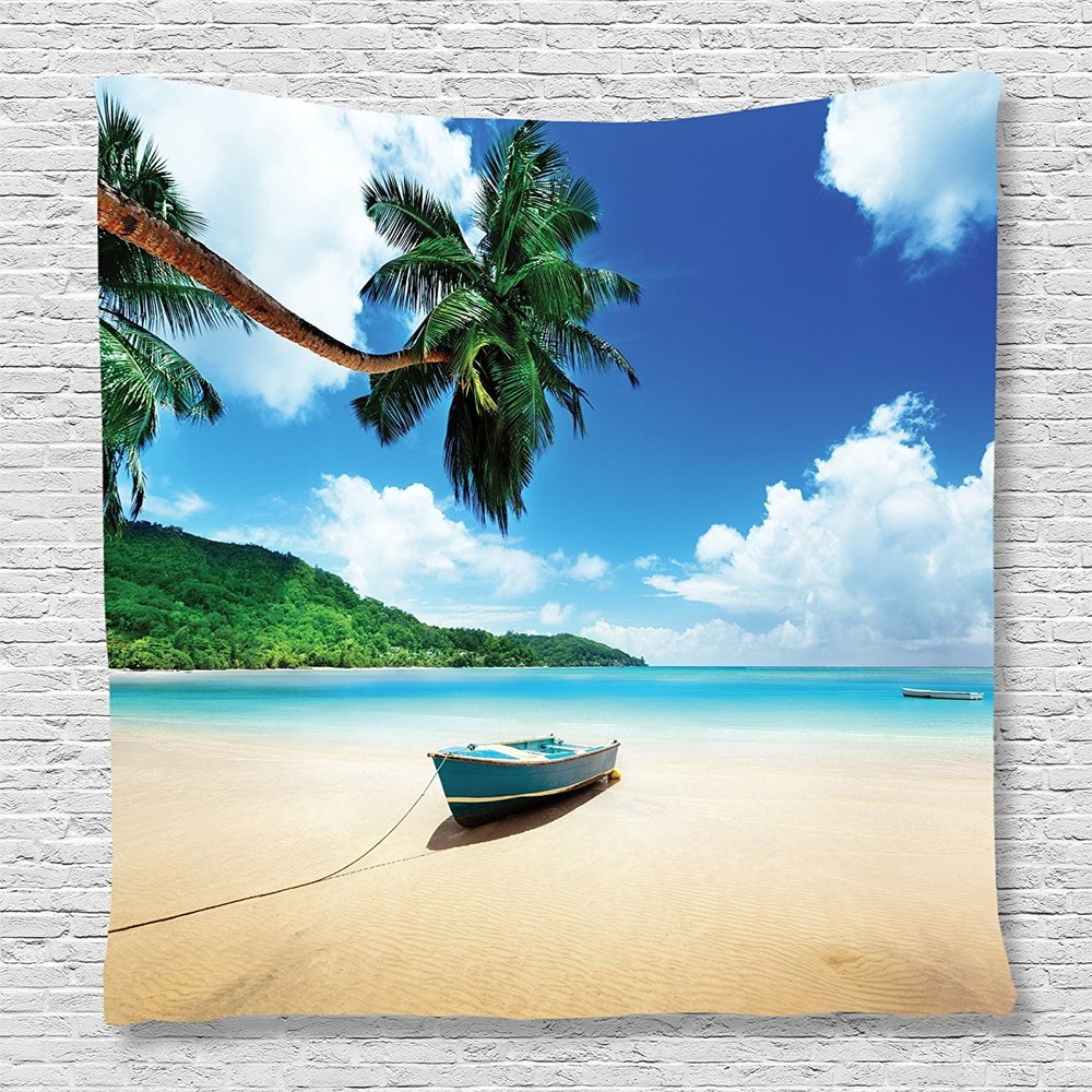 Ambesonne Beach Tapestry, Boat on the Beach Mahe Island Lagoon Seychelles Exotic Shoreline Image, Wall Hanging for Bedroom Living Room Dorm Decor, 60" X 80", Blue Green Sand Brown