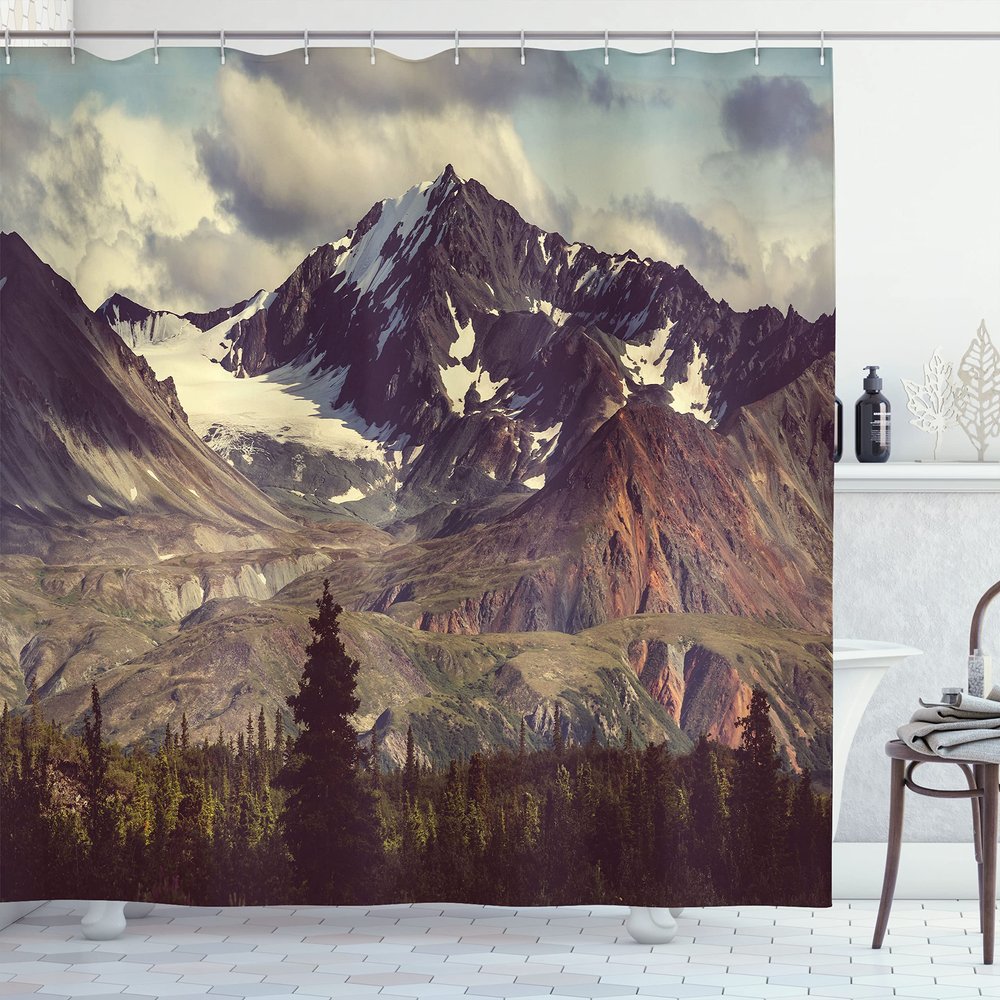 Ambesonne Alaska Mountains Shower Curtain, Arctic Landscape Hiking Alaska Mountains Scenery in USA Wilderness, Cloth Fabric Bathroom Decor Set with Hooks, 69" W x 70" L, Green Black White