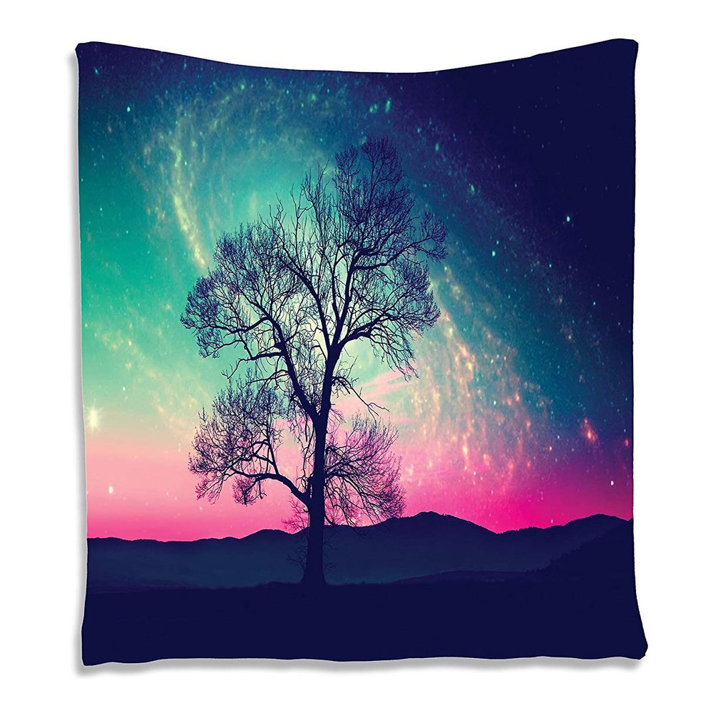 Ambesonne Galaxy Tapestry, Vibrant Stars Space Cosmic Lonely Tree Aurora Borealis, Wall Hanging for Bedroom Living Room Dorm Decor, 60" X 80", Aqua