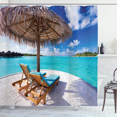 Ambesonne Beach Shower Curtain, Maldives Scenic Seaside View Sunbeds Under Umbrella Romantic Honeymoon Theme, Cloth Fabric Bathroom Decor Set with Hooks, 69" W x 84" L, Brown White