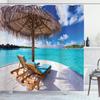 Ambesonne Beach Shower Curtain, Maldives Scenic Seaside View Sunbeds Under Umbrella Romantic Honeymoon Theme, Cloth Fabric Bathroom Decor Set with Hooks, 69" W x 84" L, Brown White view 1