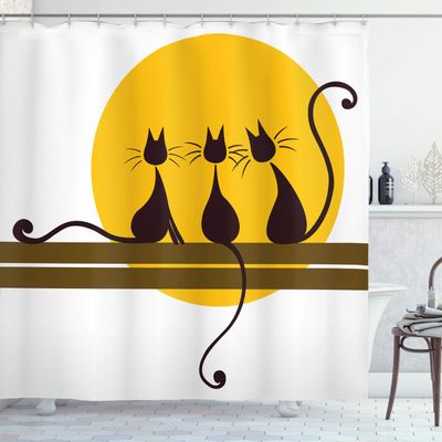 Ambesonne Animal Art Shower Curtain, 3 Black Feline Cartoon Cats with Whiskers Staring at Sun Print, Cloth Fabric Bathroom Decor Set with Hooks, 69" W x 70" L, Yellow Brown Dark Brown