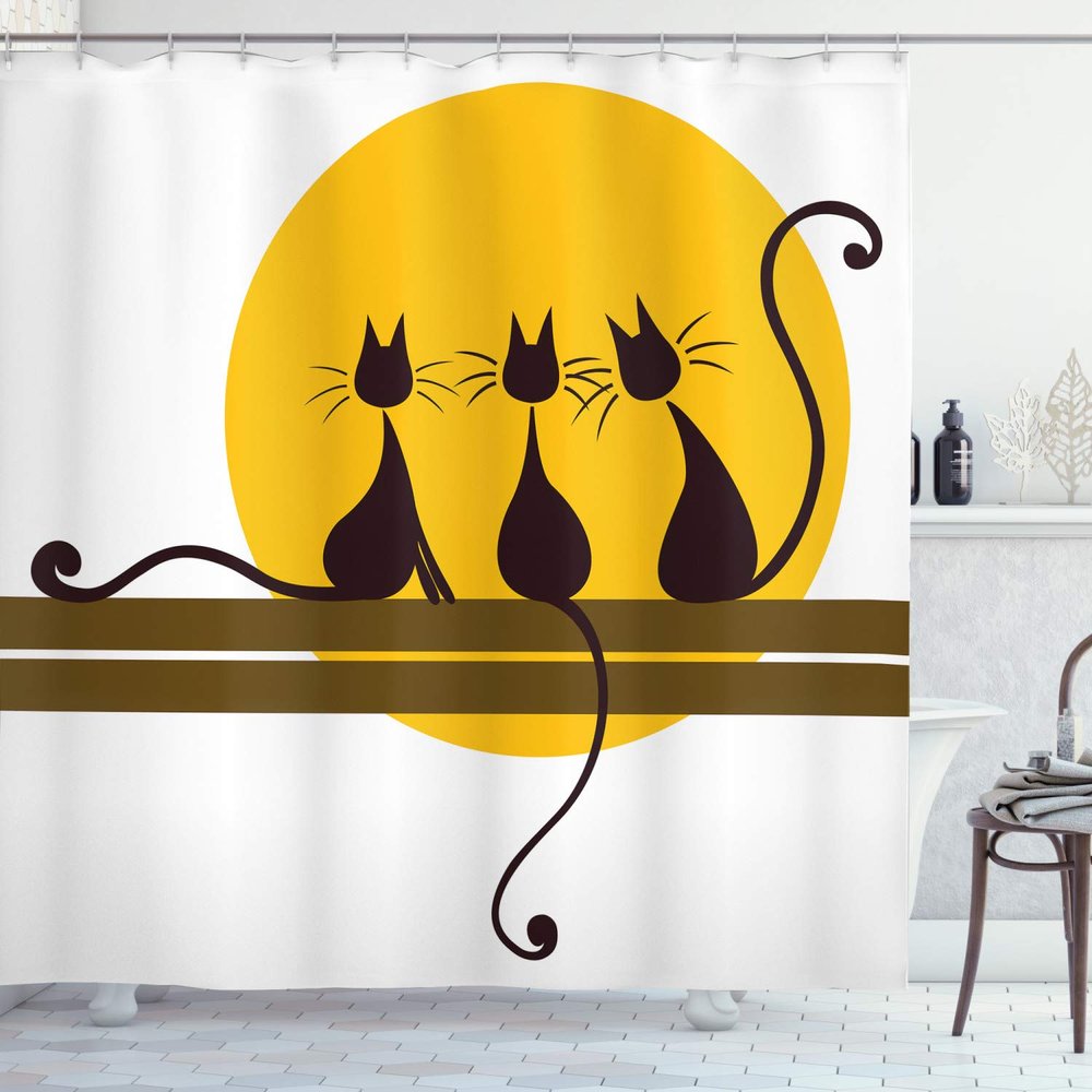 Ambesonne Animal Art Shower Curtain, 3 Black Feline Cartoon Cats with Whiskers Staring at Sun Print, Cloth Fabric Bathroom Decor Set with Hooks, 69" W x 70" L, Yellow Brown Dark Brown