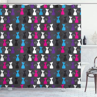 Ambesonne Abstract Animals Art Shower Curtain, Colorful Ornamental Kittens Drawings of Funny Silhouettes Cat Lover, Cloth Fabric Bathroom Decor Set with Hooks, 69" W x 84" L, Grey Blue Purple White