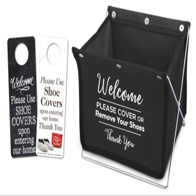 Mediz Foldable Shoe Cover Holder (Black) with Bonus: 1 Door Hanger with Designs on Front and Back - Please Use Shoe Covers