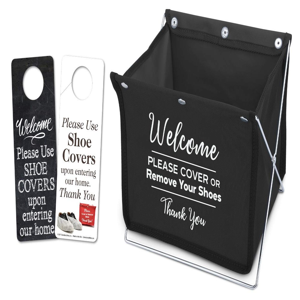 Mediz Foldable Shoe Cover Holder (Black) with Bonus: 1 Door Hanger with Designs on Front and Back - Please Use Shoe Covers