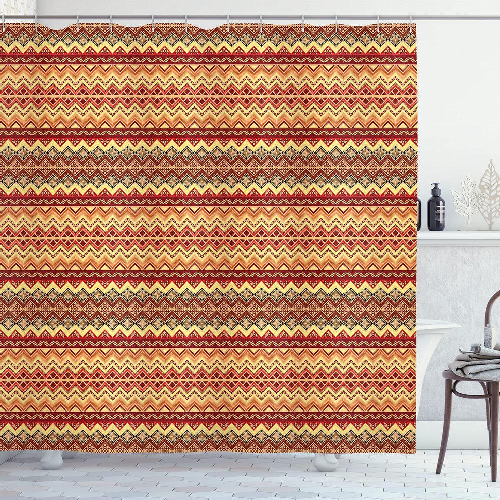 Ambesonne Abstract Shower Curtain, Abstract Art Design with Folk Ornament Print, Cloth Fabric Bathroom Decor Set with Hooks, 69" W x 70" L, Orange and Yellow
