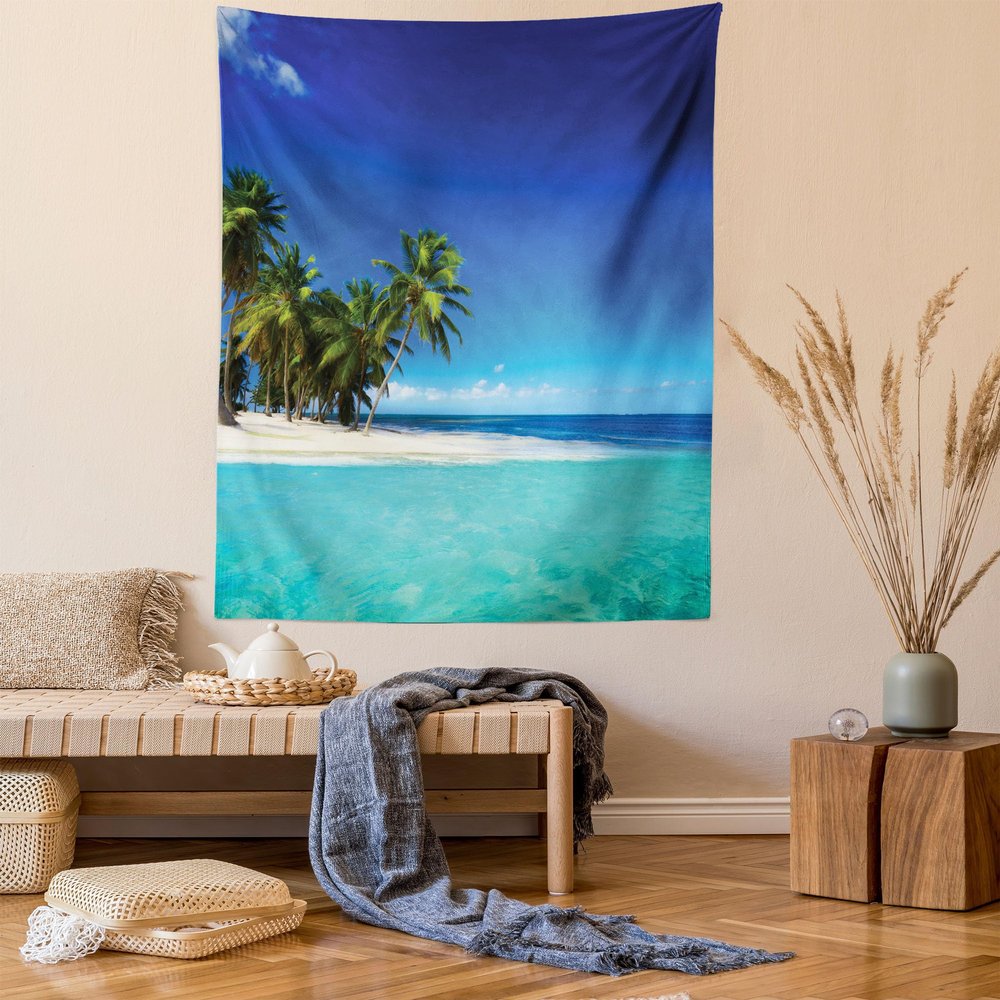 Ambesonne Ocean Tapestry, Seaside View Tropical Island Coast Jungle Nature Landscape Picture, Wall Hanging for Bedroom Living Room Dorm Decor, 60" X 80", Royal Blue Turquoise