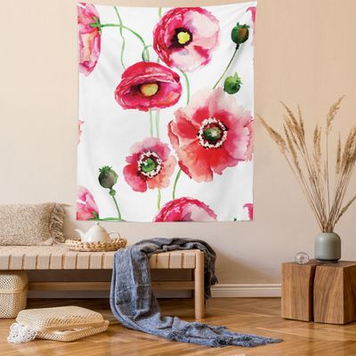 Ambesonne Watercolor Flower Tapestry, Poppy Blossomsand Buds Seasonal Spring Design Fine Art Concept Illustration Meadow Print, Wall Hanging for Bedroom Living Room Dorm Decor, 40" X 60", Pink White