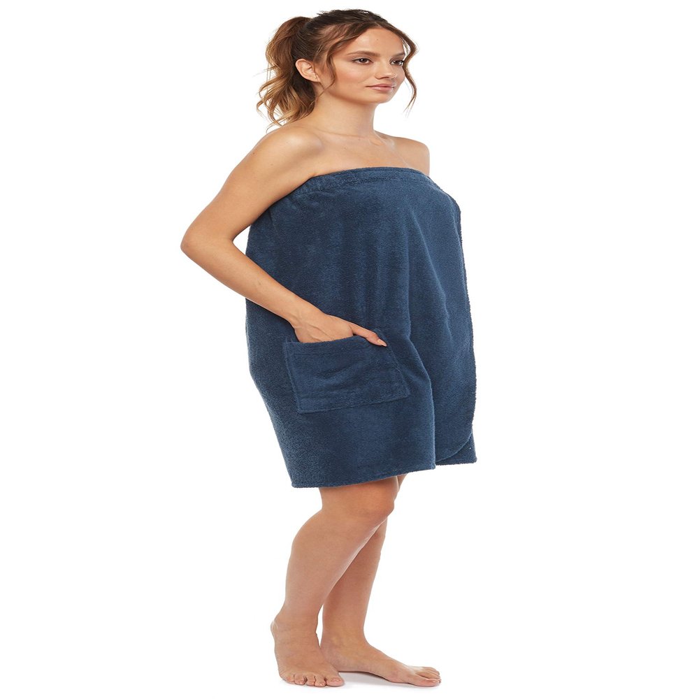 Arus Womens Bathrobe GOTS Certified Organic 100% Turkish Terry Cotton Robe Adjustable Closure Bath Wrap Navy Blue, Small