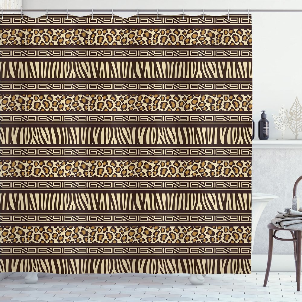 Ambesonne Afirca Shower Curtain, Horizontal Stripes with Leopard Skin Pattern Indigenous Culture Inspiration, Cloth Fabric Bathroom Decor Set with Hooks, 69" W x 70" L, Brown Pale Brown
