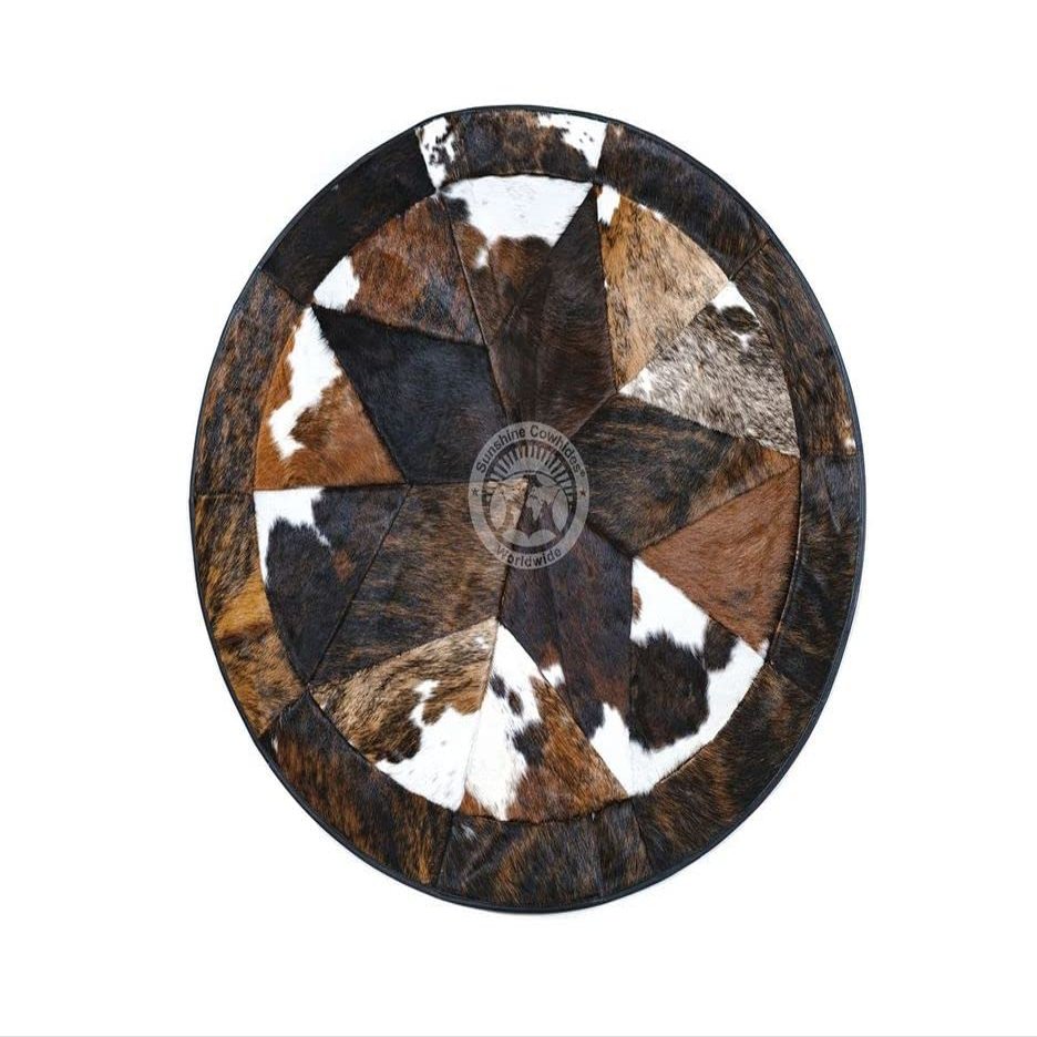 Sunshine Cowhides 100% Genuine Patchwork Cowhide Rug - Dark Tricolor, Single Star, Rodeo Animal Hide Rugs for Living Room, Office or Kitchen Area - Round Leather Rug - Small (40" Diameter)