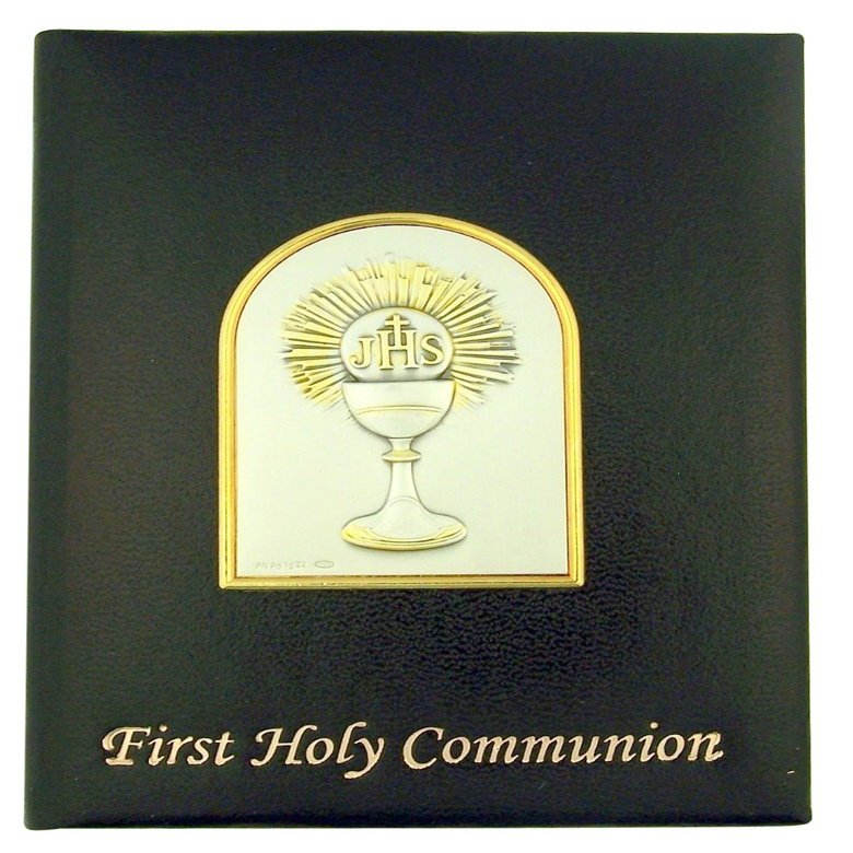 Boys First Holy Communion Padded Leatherette Missal with JHS Chalice Image, Black, 5 1/4 Inch