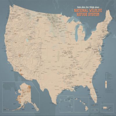 US National Wildlife Refuge System Map 24x36 Poster (Tan & Slate Blue)