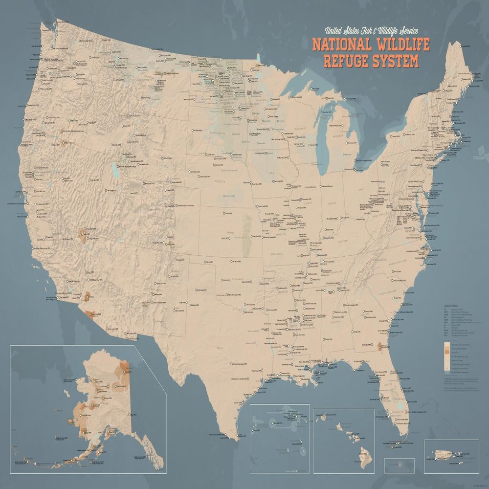 US National Wildlife Refuge System Map 24x36 Poster (Tan & Slate Blue)