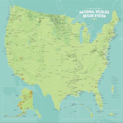 US National Wildlife Refuge System Map 24x36 Poster (Green & Aqua)