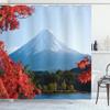 Ambesonne Landscape Shower Curtain, Mountain Fiji with Snowcapped Summit and Lake Maple Trees in Autumn, Cloth Fabric Bathroom Decor Set with Hooks, 69" W x 70" L, Paprika Blue and Green view 1