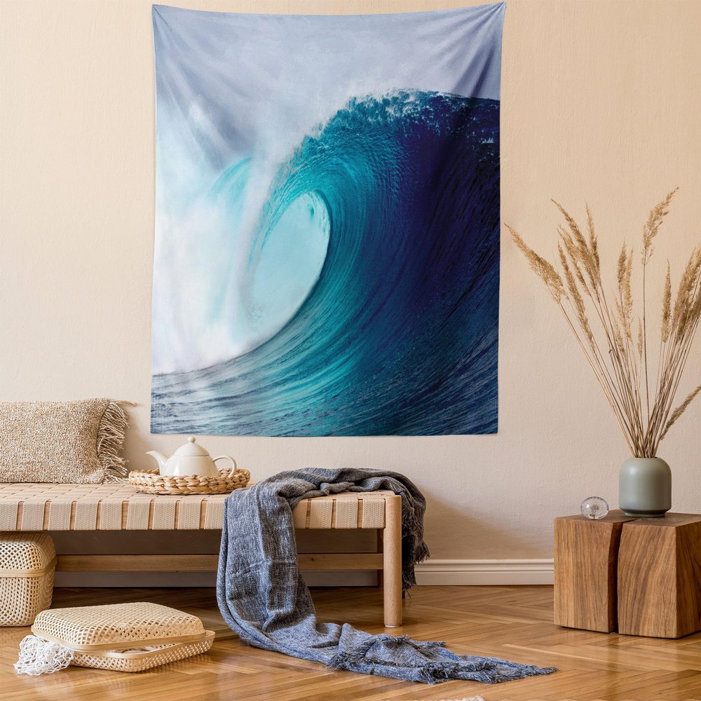 Ambesonne Ocean Tapestry, Tropical Surfing Huge Wave Swirling on a Windy Sea Indonesian Sumatra Scenic Adventure Picture Print, Wall Hanging for Bedroom Living Room Dorm Decor, 40" X 60", Blue White