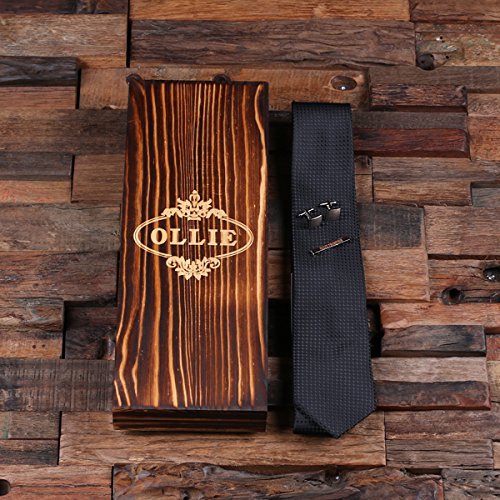 Personalized Tie Cuff Links Tie Clip with Wood Box
