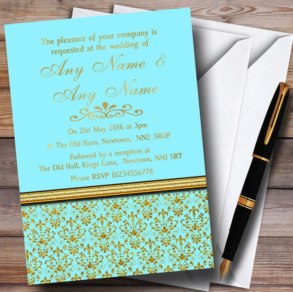 Aqua Sky Blue & Gold Vintage Damask Personalized Wedding Invitations