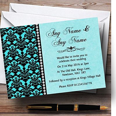Aqua Sky Blue Black Damask & Diamond Personalized Wedding Invitations
