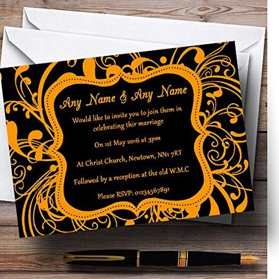 Black & Orange Swirl Deco Personalized Wedding Invitations